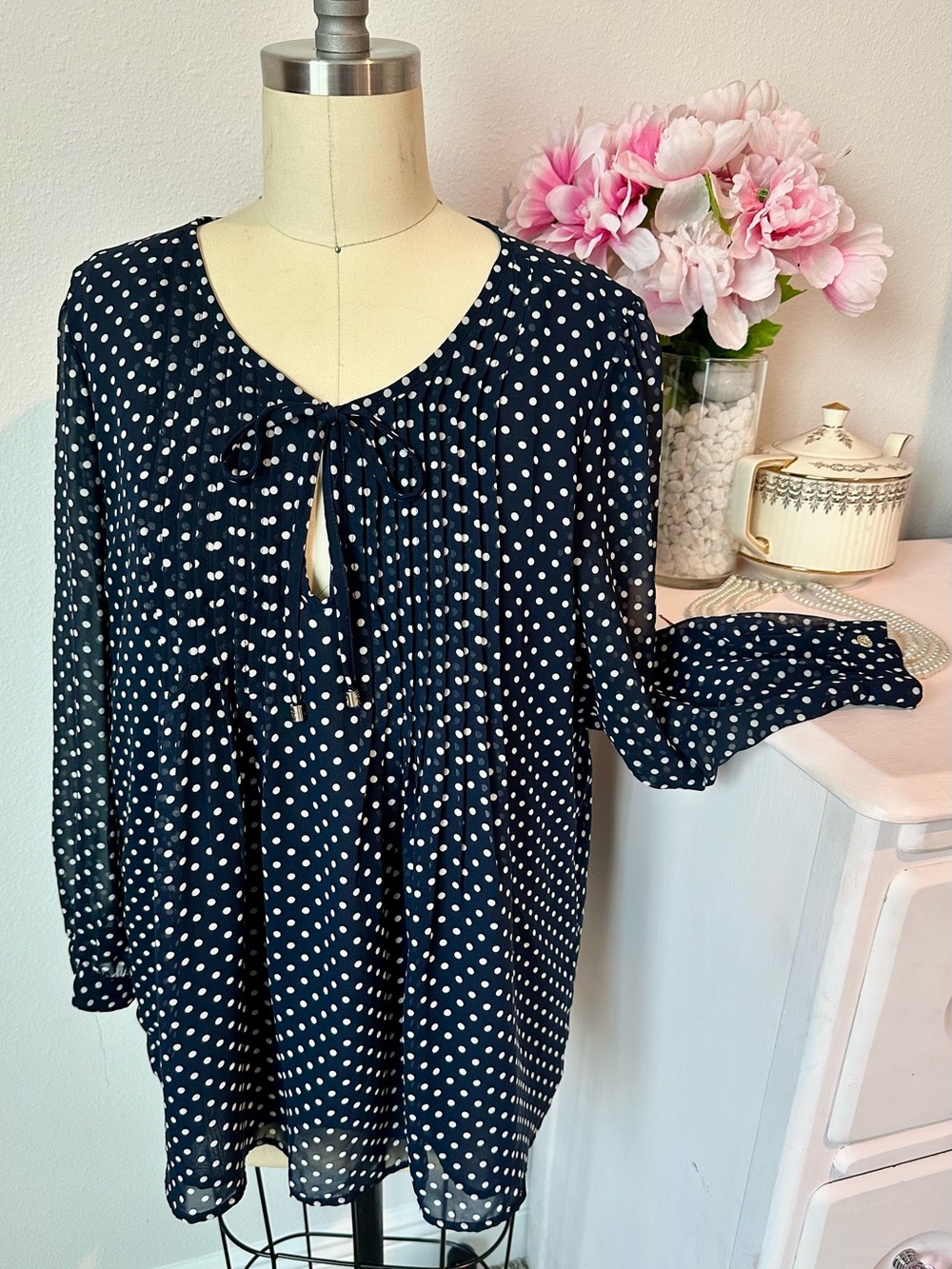 Tommy Hilfiger Navy and White Polka Dot Tie-Neck Blouse